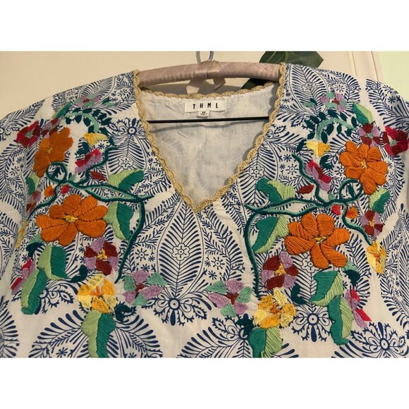 THML Dress Womens XS Blue White Embroidered Floral Ruffle Sleeve Boho Cottagecor - Picture 11 of 13